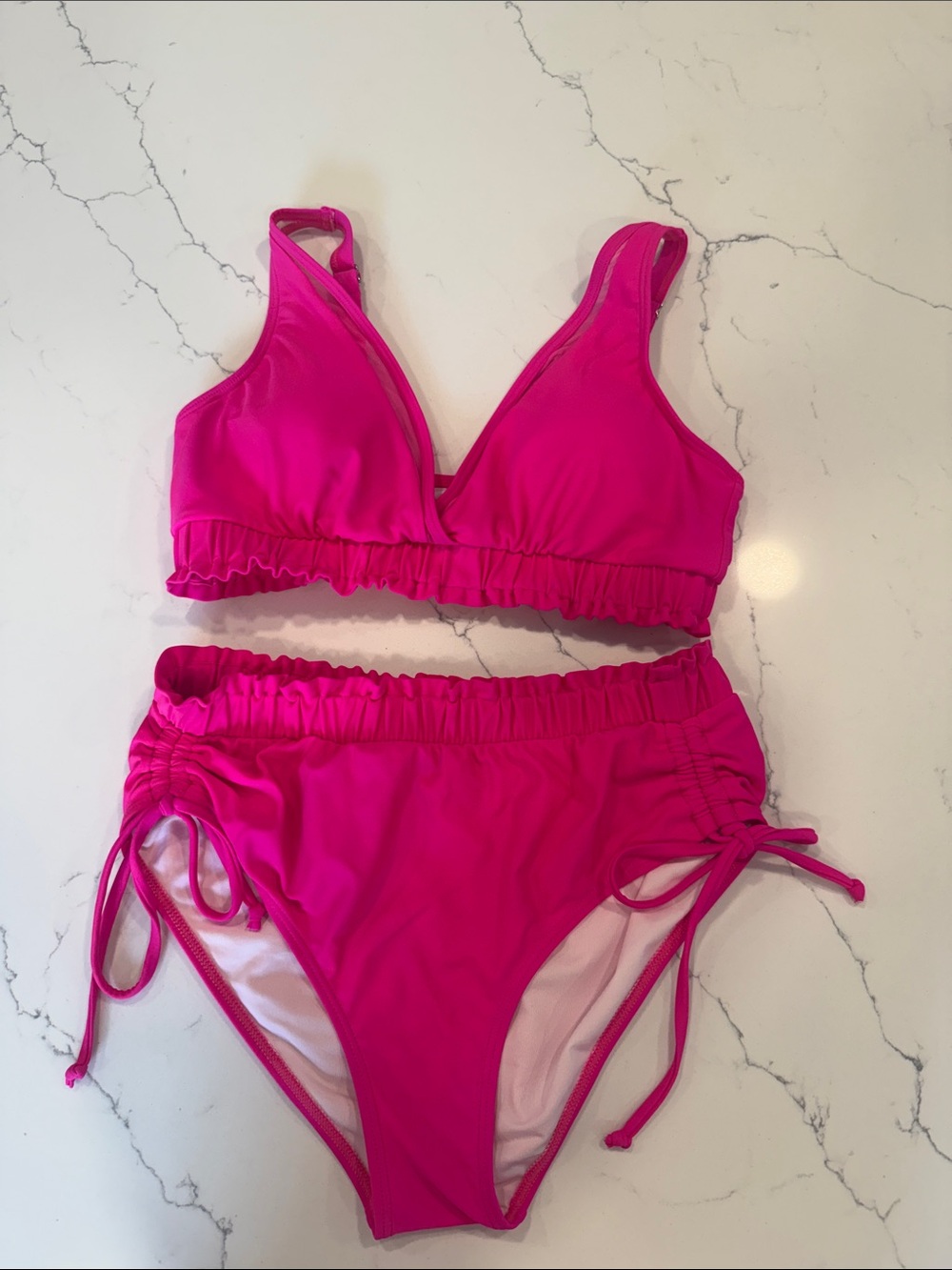 Womens Pink Two-Piece Swim Set - Ruffle Bikini Top & Adjustable Bottoms